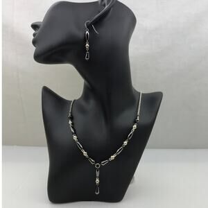 Vintage Premier Designs Hematite Silver Tone Y-Drop Necklace Earring Set Goth